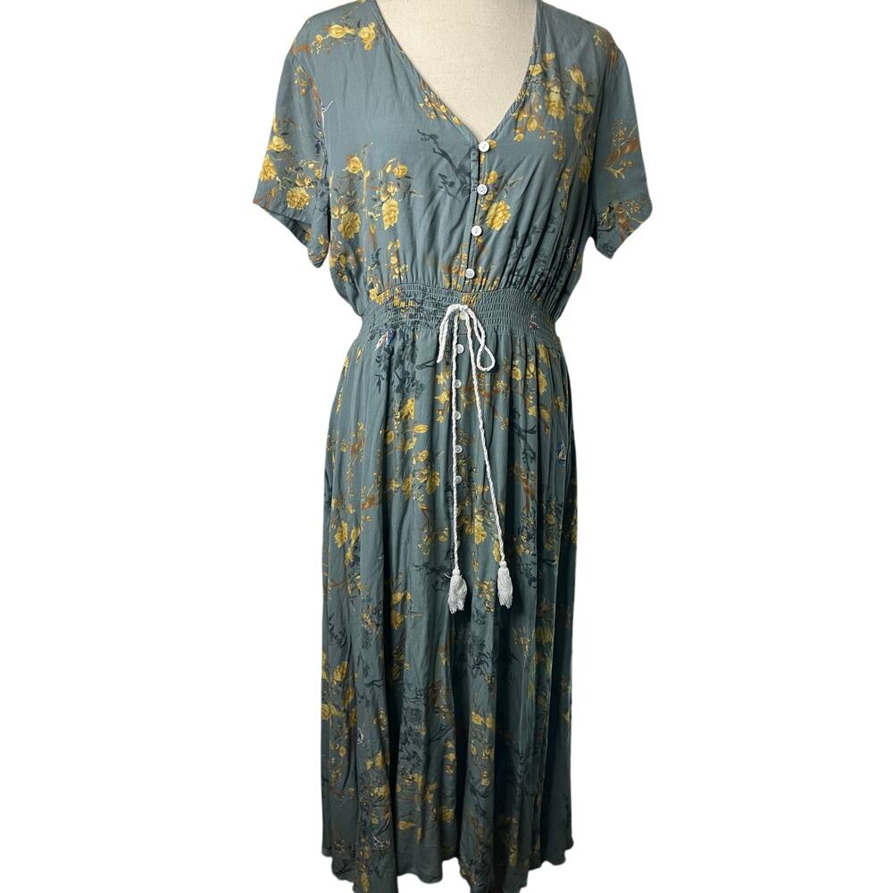 Gray Mustard Floral Button-Front Drawstring Maxi Dress Size XL